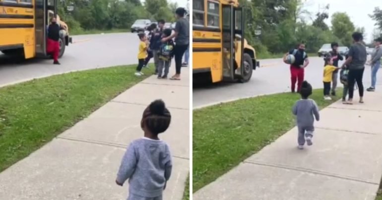 little girl runs to brother after school