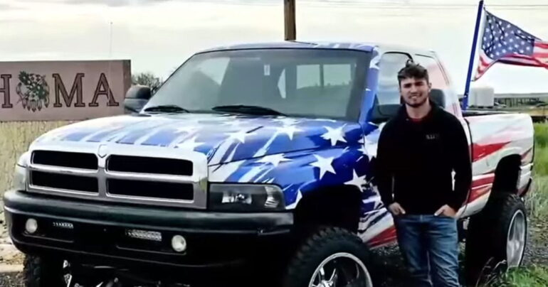 American flag on truck