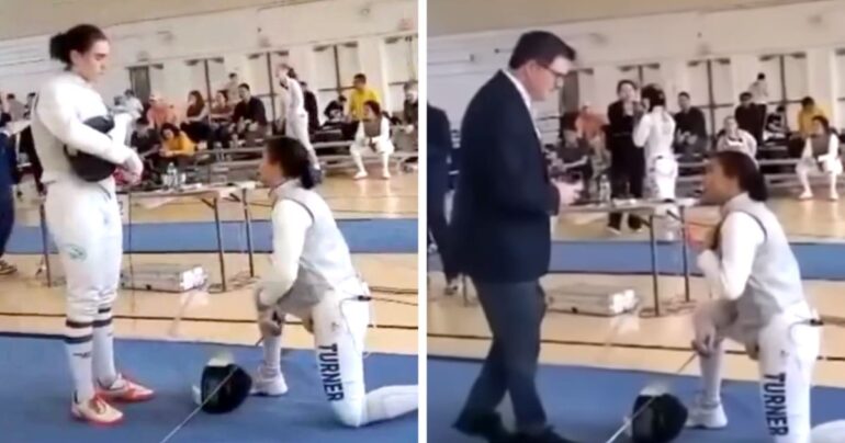 female fencer takes knee stephanie turner