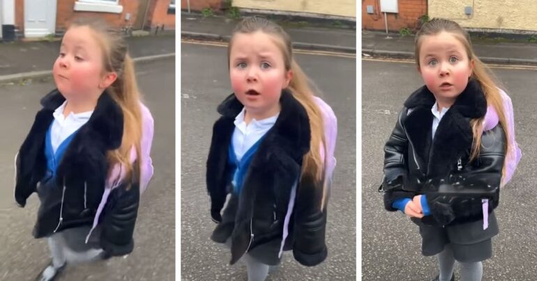 little girl complaining about backpack