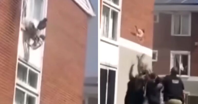 mother throws baby from burning building