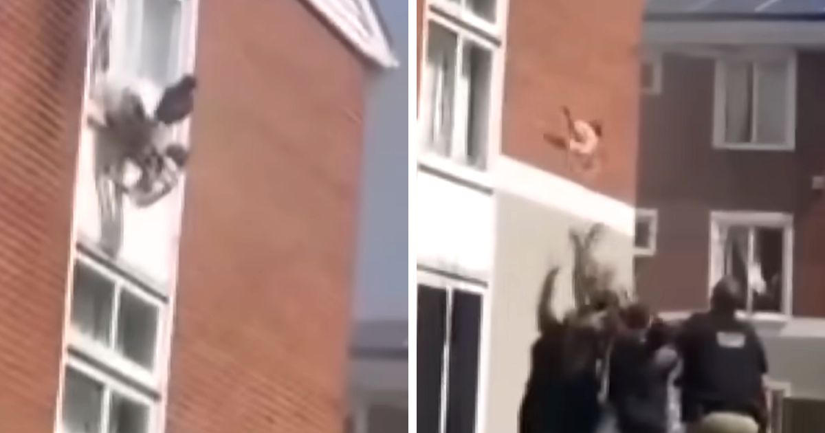 mother throws baby from burning building